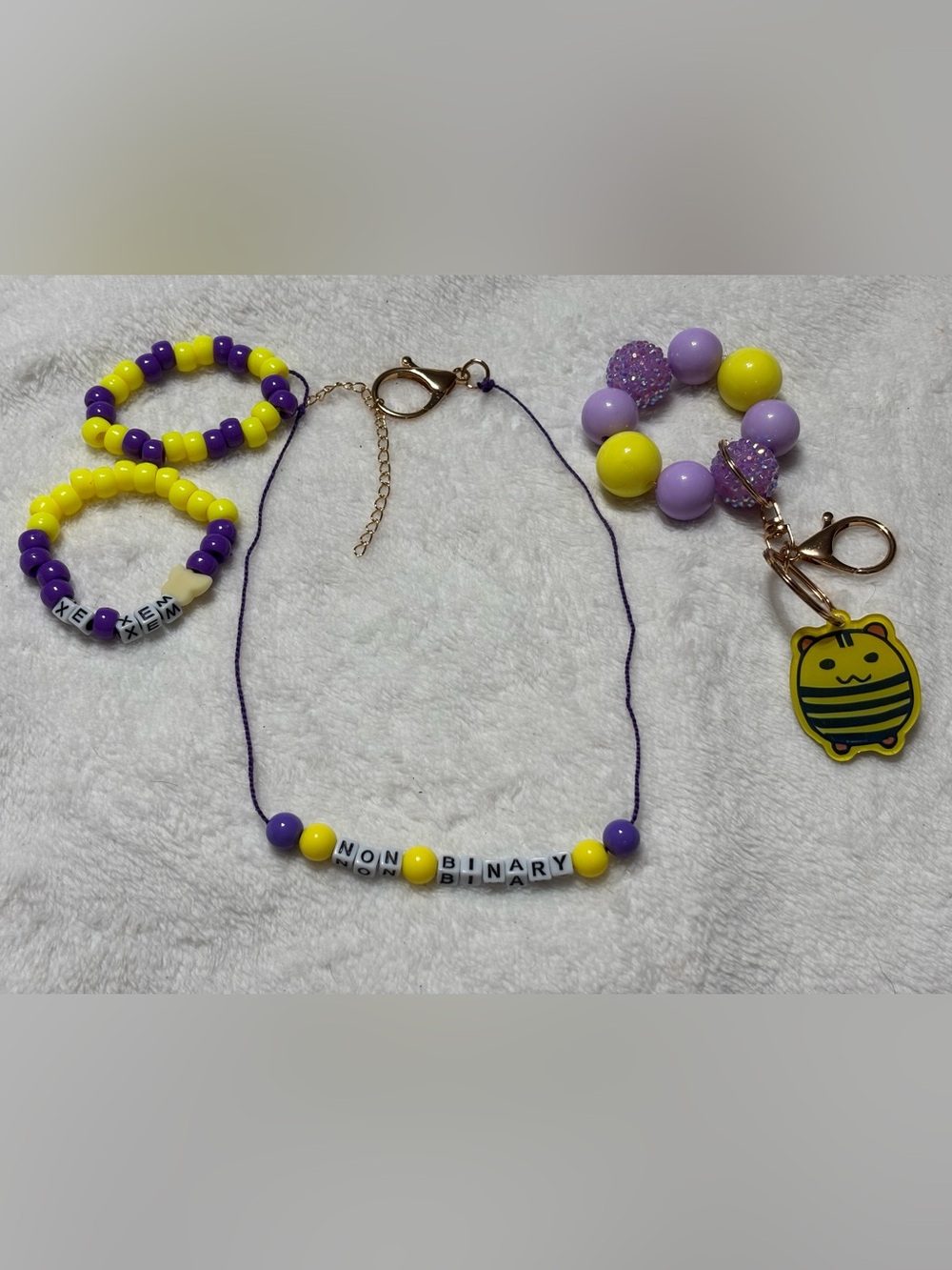 Non-Binary Beaded Necklace Set With Keychain - Purple & Yellow